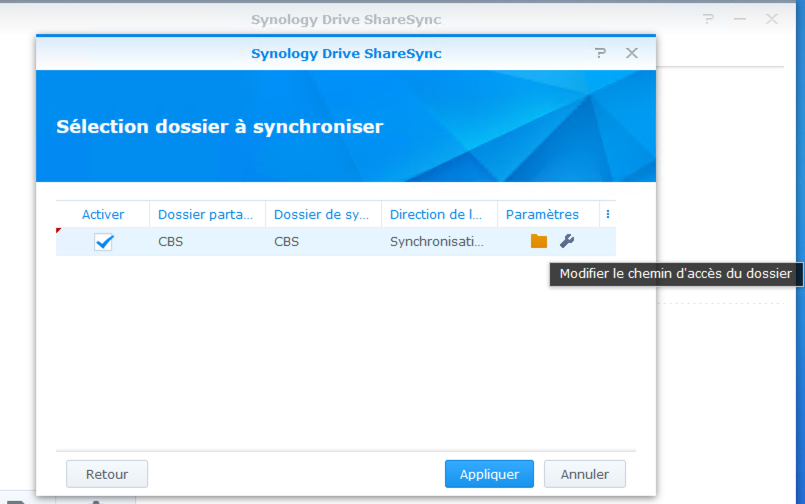 Sélection de dossier de l'équipe Synology Drive