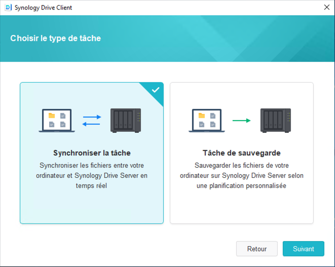 Synology Drive Client choix du type de tâche