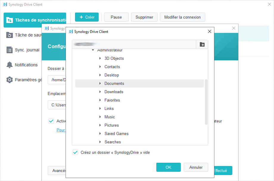 Synology Drive Client sélection du dossier de destination