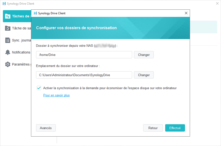 Synology Drive Client résumé de la tâche