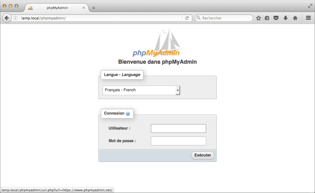 LAMP phpMyAdmin écran de connexion