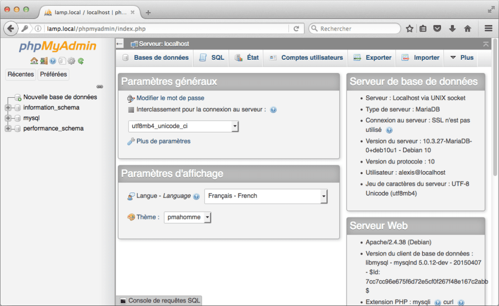 LAMP phpMyAdmin Interface